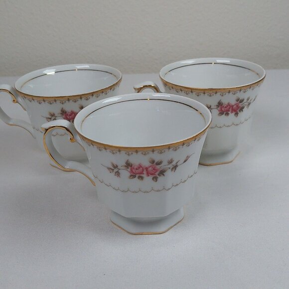 Lot of 3 Harmony House Rosette Fine China White Cup Octagonal Tan Scroll & Band - Picture 4 of 7
